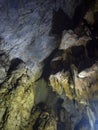 View and texture of the inner walls of a mountain cave with stalactites and stalagmites in the Dirfys mountains on the Greek islan