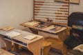 View of a 19th century pupil`s school desk - historic school classroom equipment Royalty Free Stock Photo