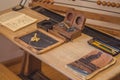 View of a 19th century pupil`s school desk - historic school classroom equipment