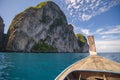 View of thai traditional longtail Boat over clear sea and sky in the sunny day, Phi phi Islands, Thailand Royalty Free Stock Photo