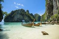 View of thai traditional longtail Boat over clear sea and sky in the sunny day, Phi phi Islands, Thailand Royalty Free Stock Photo