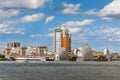 View of the Thames Barrier on a cloudy day under blue sky in London. Royalty Free Stock Photo