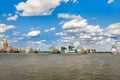 View of the Thames Barrier on a cloudy day under blue sky in London. Royalty Free Stock Photo