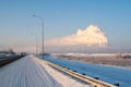 View of the thermal power plants from the highway. Pipes of thermal power plants emit thick smoke. Thermal power plants in thick Royalty Free Stock Photo