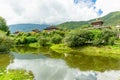 View of Thimphu dzong from Ludrong park with a lake