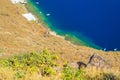 View of Thirasia island coast Aegean Sea Cyclades Greece