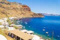 Panoramic view of Thirasia island coast and port and Santorini Greece