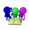 View three 3d puppets reading blue book Royalty Free Stock Photo