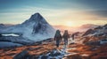 View of three backpackers walking up the mountain in beautiful remote arctic wilderness