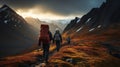 View of three backpackers walking up the mountain in beautiful remote arctic wilderness