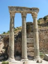 View of three columns at the Scholastica Baths in the ancient city of Ephesus in Selcuk, Turkey