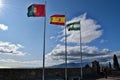 View on the three flag on Gibralfaro fortress in Malaga, Andalusia, Spain
