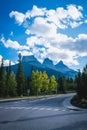View of Three Sisters Mountain, well known landmark in Canmore, Canada