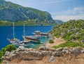 View of three tourist boats at island from medieval wall ruins Royalty Free Stock Photo