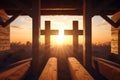 View Of Three Wooden Crosses And Sunrise From Open Tomb - Death And Resurrection Of Jesus Christ. Generative AI Royalty Free Stock Photo