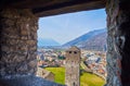 The view throuth the small window on the Torre Nera tower of Castelgrande fortress, Bellinzona, Switzerland