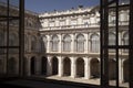 View thru window on the arches and windows in the yard of majestic, beautiful Royal Palace of Madrid (Palacio Real de Madrid) in Royalty Free Stock Photo