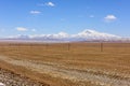 View from the Tibetan plateau to Mount Gurla-Mandhata and Lake Manasarovar Mapam Yum Tso Royalty Free Stock Photo