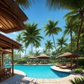 Tiki bar next to a swimming pool. Palm Trees surround the pool - vacation concept - Generative AI Royalty Free Stock Photo