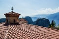 Red roof and mountains