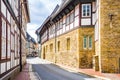 View on timbered houses and cobbled street in the historic old town of Goslar, Germany Royalty Free Stock Photo