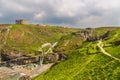 View of Tintagel Island and legendary Tintagel castle. Royalty Free Stock Photo