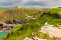 View of Tintagel Island and legendary Tintagel castle. Royalty Free Stock Photo