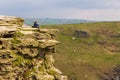 View of Tintagel Island with tourist on the rock. Royalty Free Stock Photo