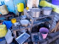 view of tinware in the street kitchen of Toliary, Madagascar