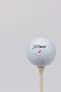 A view of a Titleist golf ball on a tee. Royalty Free Stock Photo