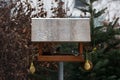 View of titmouse birds pecking grain in a bird feeder during winter