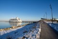 View to Aida Vita cruise ship moored at the dock at cruise port with the sunny winter weather.