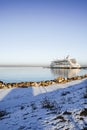 View to Aida Vita cruise ship moored at the dock at cruise port with the sunny winter weather. Royalty Free Stock Photo