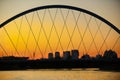 View to the Astana city and bridge over the Ishim river at sunset in Astana, Kazakhstan. Royalty Free Stock Photo