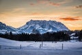 View to the Austrian mountain called Wilder Kaiser from german village Reit im Winkl in beautiful sunset light Royalty Free Stock Photo