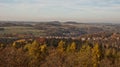 View to autumn Elstertal valley with Elstertalbrucke brick bridge from Julius-Mosen-Turm lookout