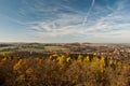 View to autumn Elstertal valley with Elstertalbrucke brick bridge from Julius-Mosen-Turm lookout