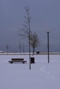 View to Baltic sea and grey sky. Fresh white snow during winter time. Reidi tee, Tallinn, Estonia, Europe. January 2024