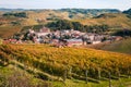 Barolo village view from the vineyard. Autumn landscape langhe nebbiolo vineyards hills. Viticulture Piedmont, Italy. Royalty Free Stock Photo