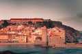 The bell tower, colorful facades and fort Miradou, Collioure, France