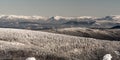 View to Beskid Slaski mountains between Male Skrzyczne and Barania Gora hills from Lysa hora hill in winter Moravskoslezske