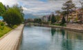 View to Black Drin aka crn drin river in Struga, Ohrid, North Macedonia Royalty Free Stock Photo