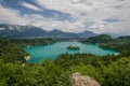 View to Bled lake with St. Marys Church of the Assumption on the small island. Bled, Slovenia, Europe Royalty Free Stock Photo