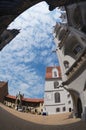 View to the blue sky with clouds from the inner yard of the Albrechtsburg castle in Meissen, Germany.