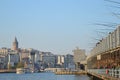 View to buildings of Istanbul from bridge with restaurants, people fishing from top of the bridge