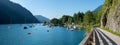 View to campsite lake achensee with sailboats, landscape panorama austria Royalty Free Stock Photo