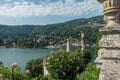 View to Carciano boat pier from park on the island of Isola Bella. Lake Maggiore Royalty Free Stock Photo