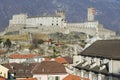 View to the Castelgrande castle and the Collegiate Church in Bellinzona, Switzerland.