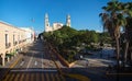 View to the cathedral of Merida over the main square park `Plaza Grande` in Merida, Yucatan, Mexico Royalty Free Stock Photo