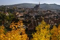 View to Cesky Krumlov and river Vltava. View of the city from the top in sunny autumn day.